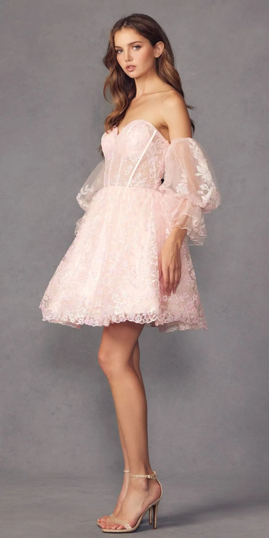 Juliet 895 Short A-Line Glitter Boned Dress Detachable Puff Sleeves
