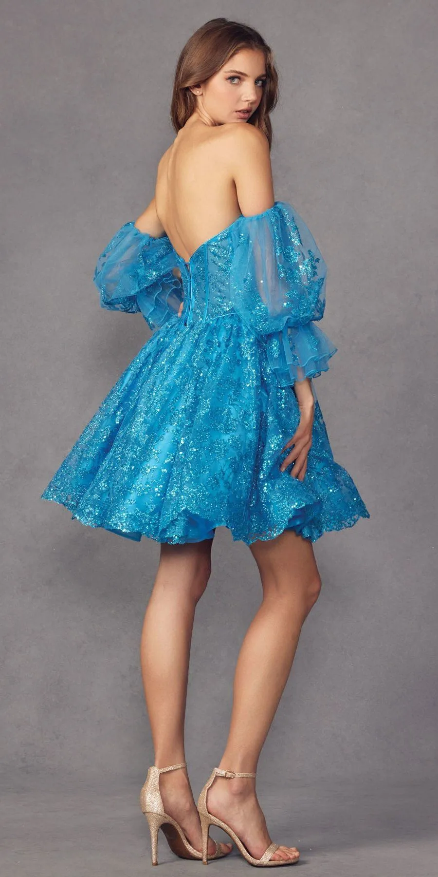 Juliet 895 Short A-Line Glitter Boned Dress Detachable Puff Sleeves