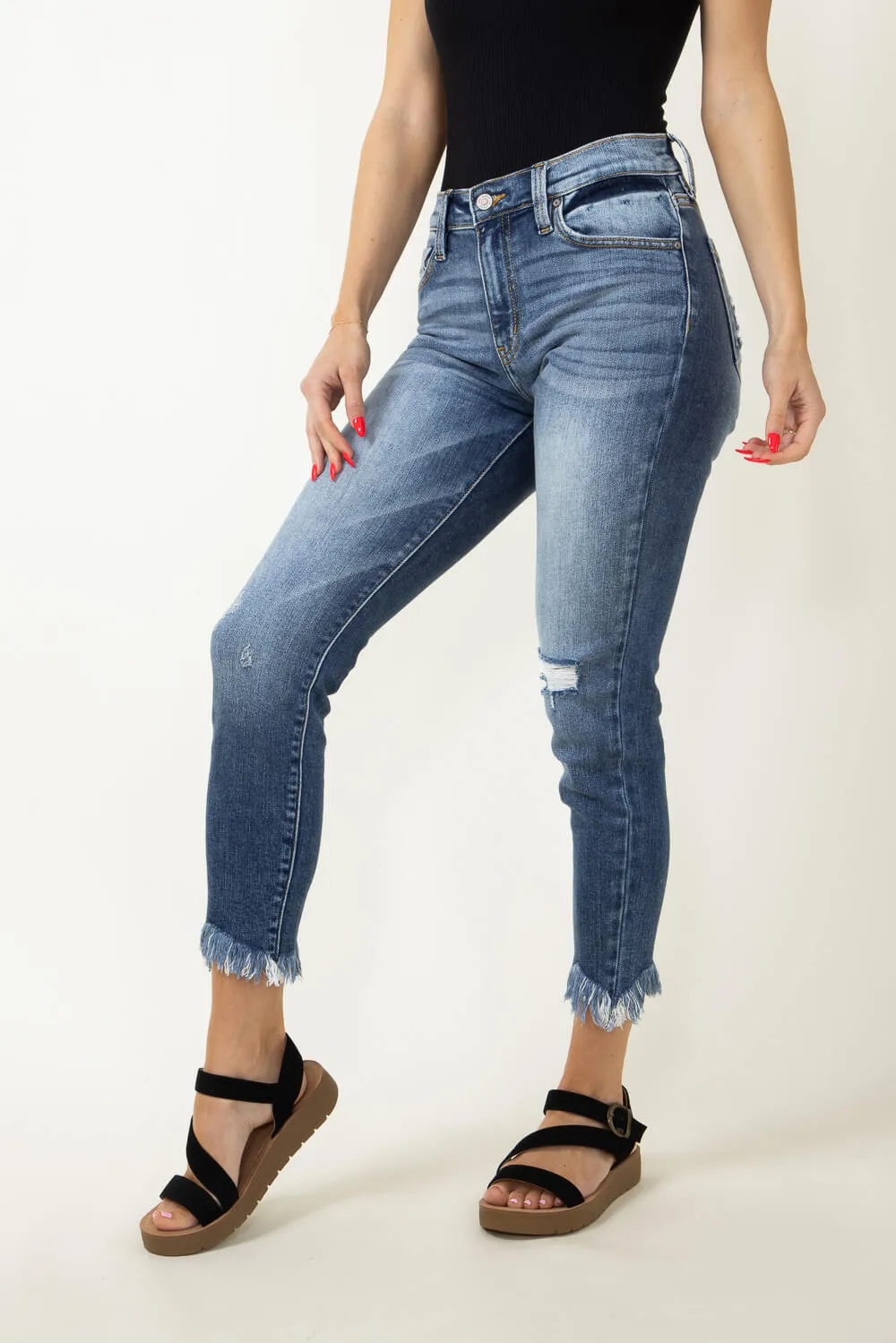 KanCan Mid Rise Medium Frey Hem Skinny Jeans for Women | KC9291M