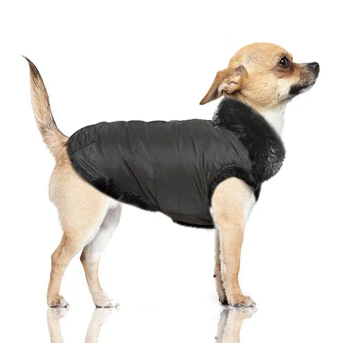 KARLA Reversible Dog Puffer Coat in Black Faux Fur/Black