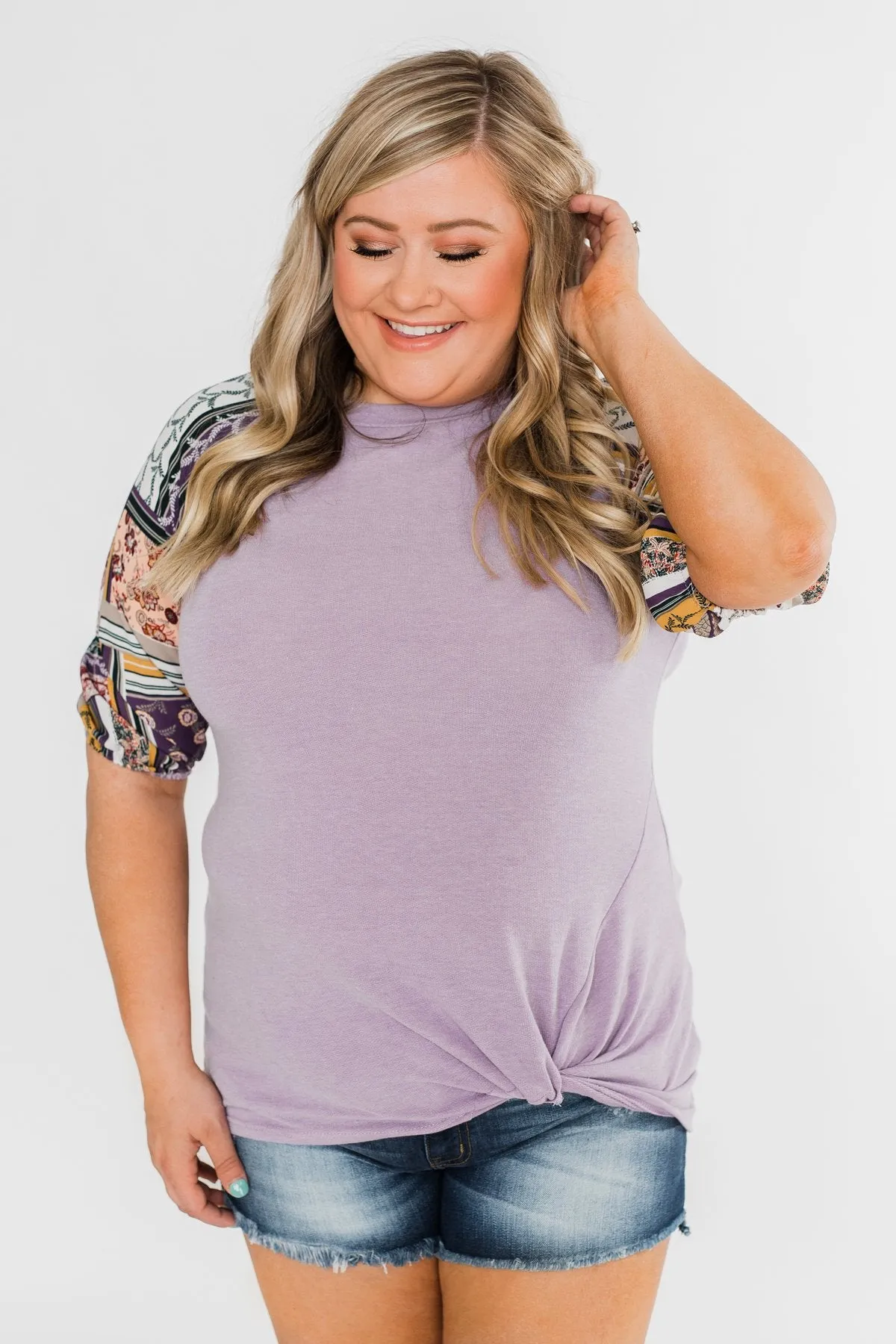 Keep Walking On Printed Sleeve Top- Lilac