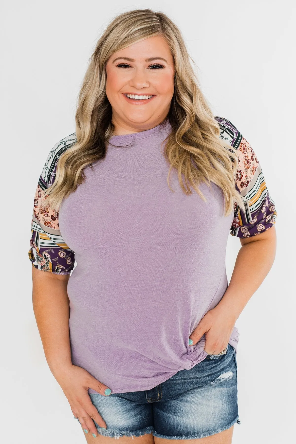 Keep Walking On Printed Sleeve Top- Lilac