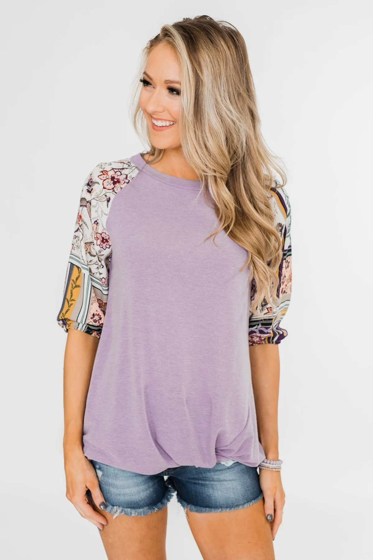 Keep Walking On Printed Sleeve Top- Lilac