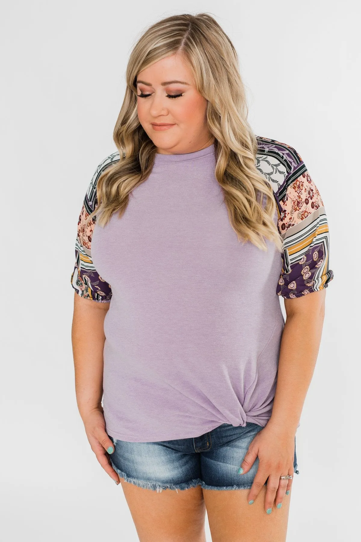Keep Walking On Printed Sleeve Top- Lilac