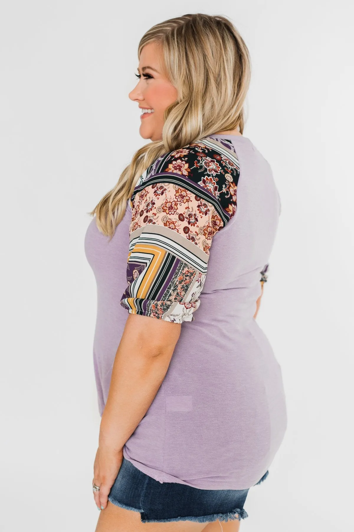 Keep Walking On Printed Sleeve Top- Lilac