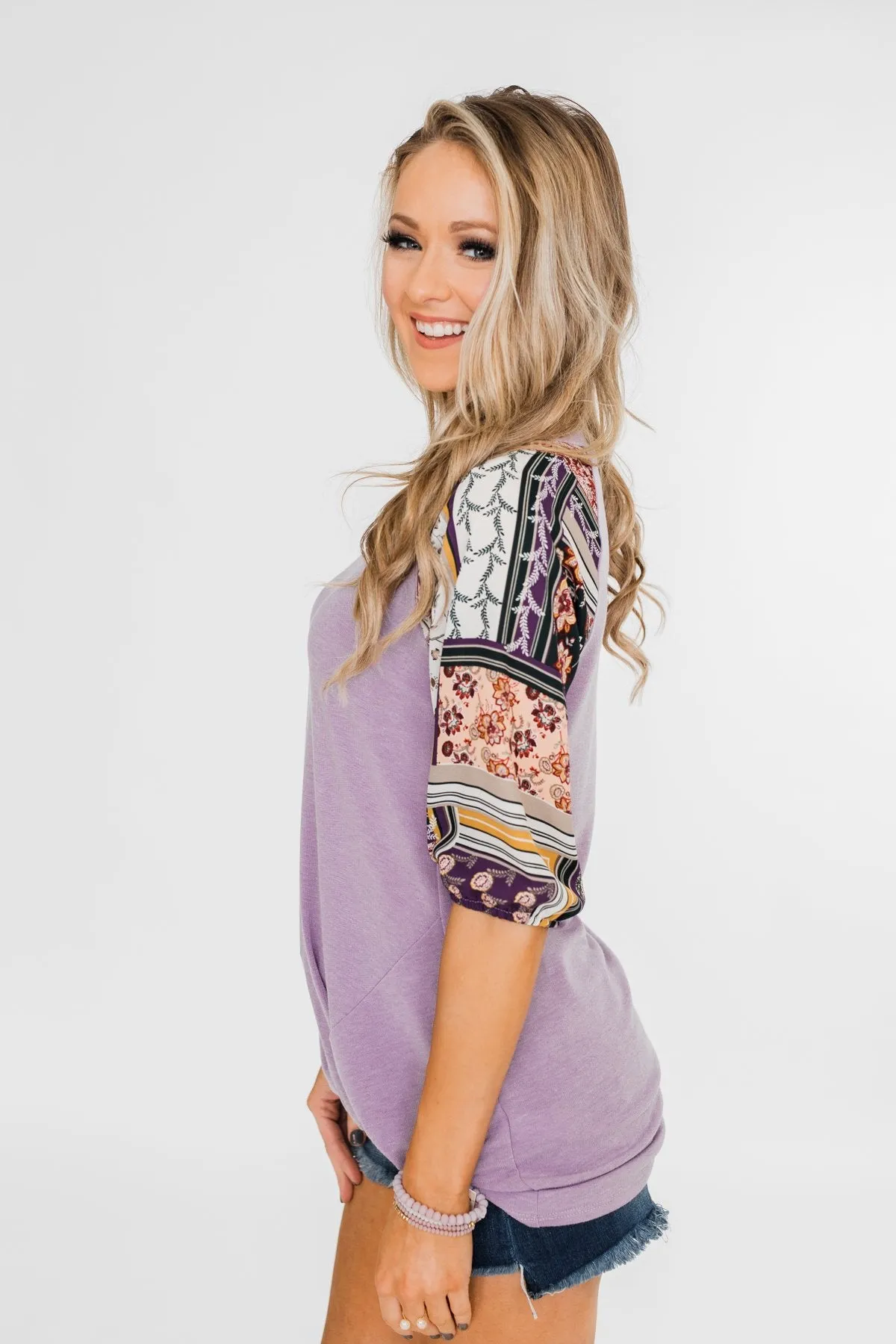 Keep Walking On Printed Sleeve Top- Lilac