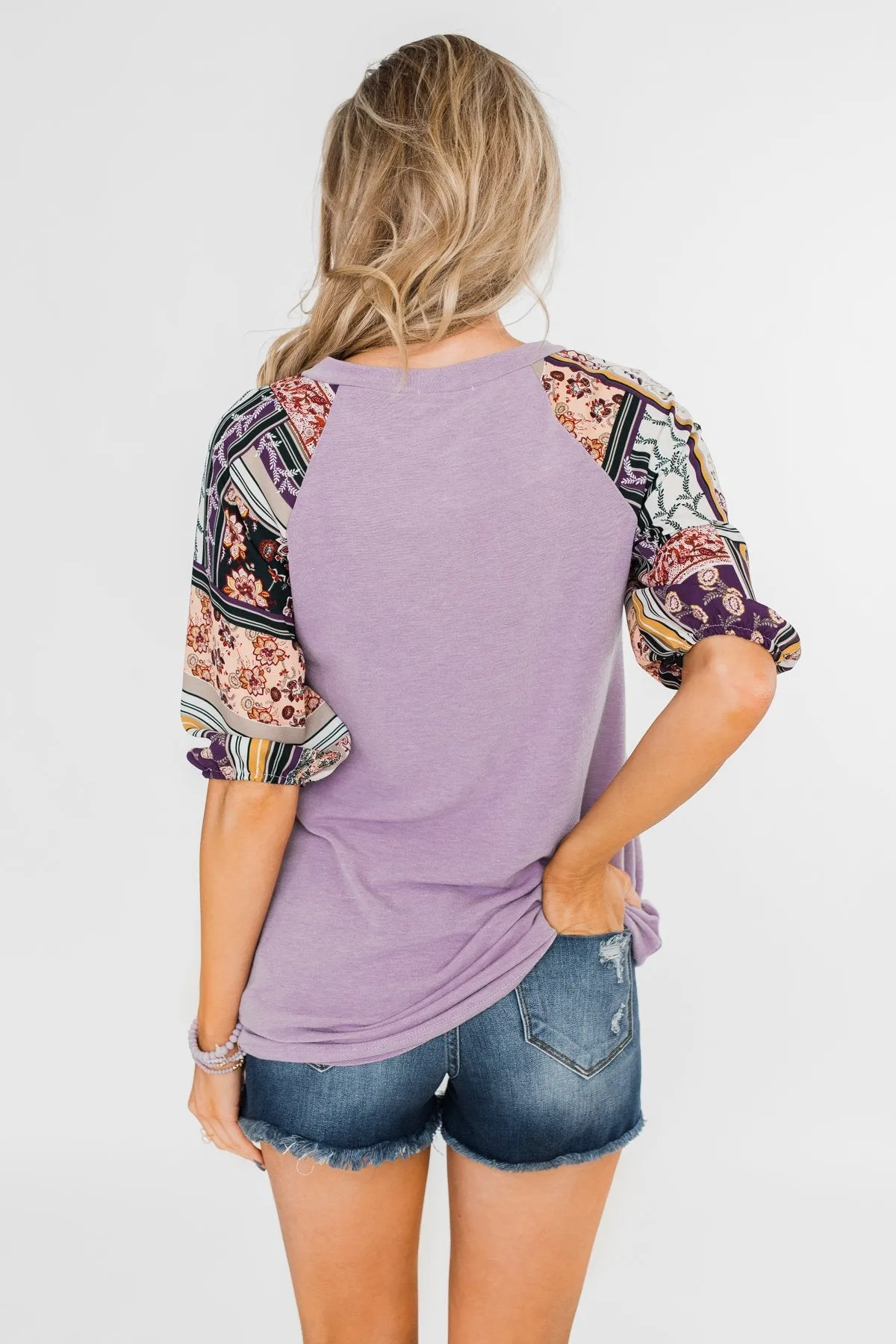 Keep Walking On Printed Sleeve Top- Lilac