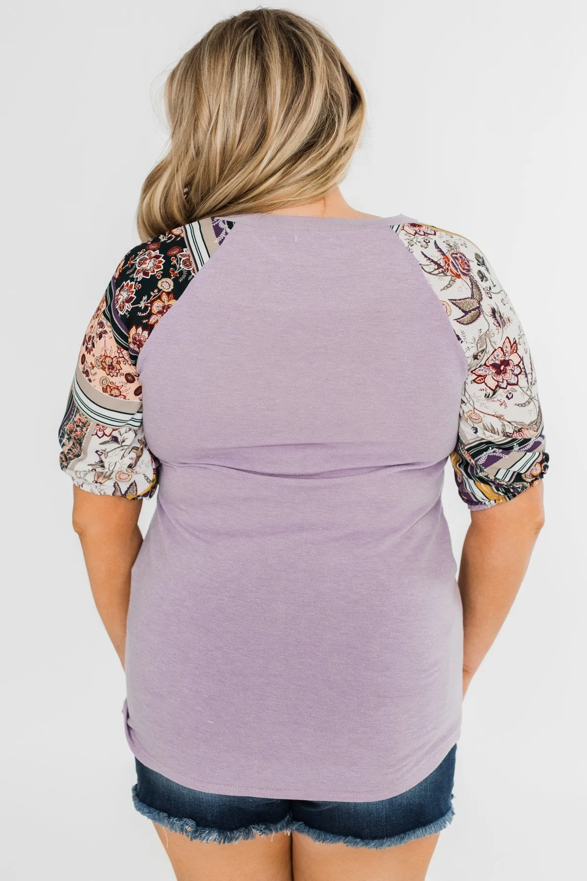 Keep Walking On Printed Sleeve Top- Lilac