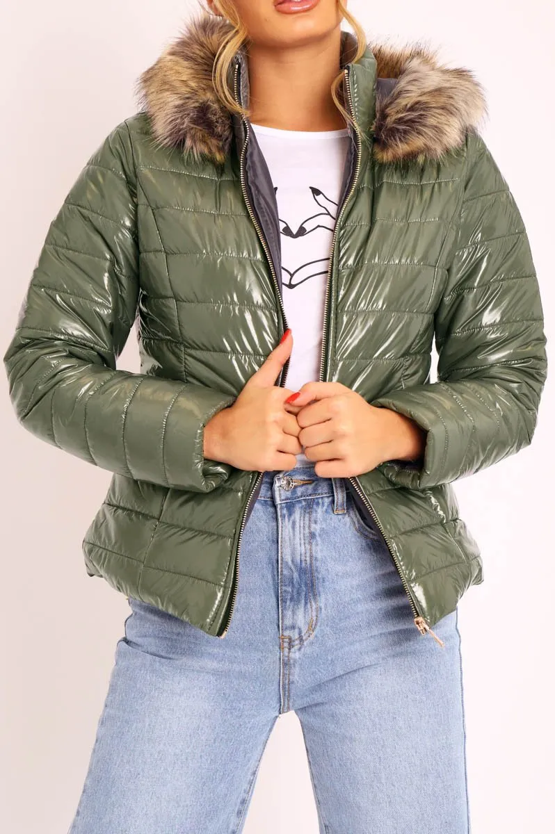 Khaki Wet Look Puffer Coat - Soph