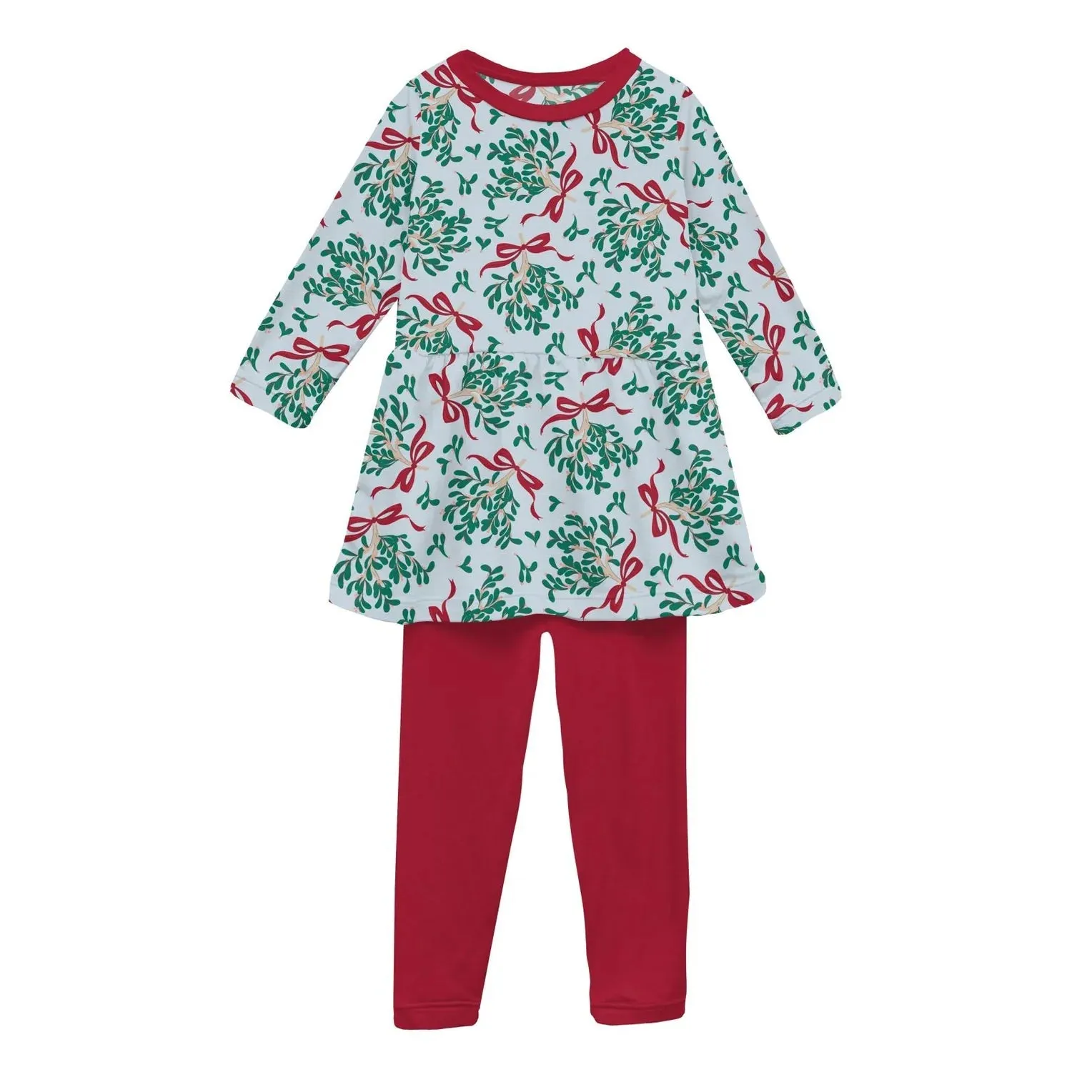 Kickee Pants Illusion Blue Mistletoe & Ribbons Print Long Sleeve Playtime Outfit Set