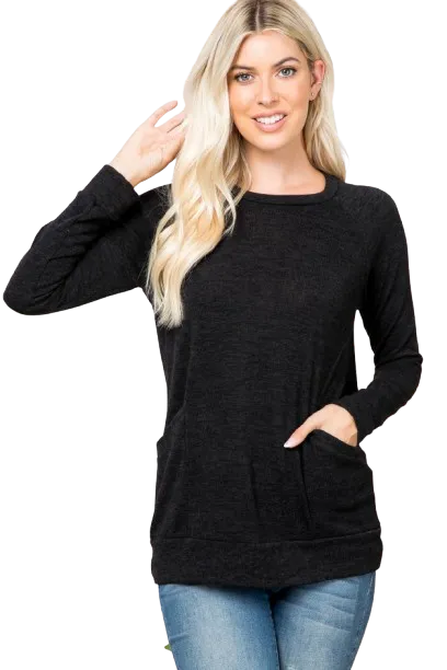 Knit Front Pocket Long Sleeve Top Black - Pack of 4