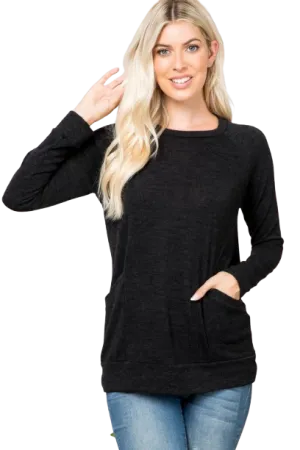 Knit Front Pocket Long Sleeve Top Black - Pack of 4
