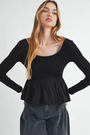 Knit Long Sleeve Scoop Neck Peplum Patchwork Top
