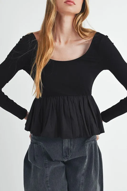 Knit Long Sleeve Scoop Neck Peplum Patchwork Top