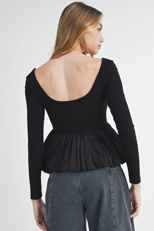 Knit Long Sleeve Scoop Neck Peplum Patchwork Top