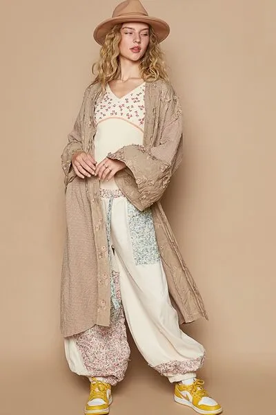 Lace Chic Flower khaki Lace Trim Open Front Longline Cardigan