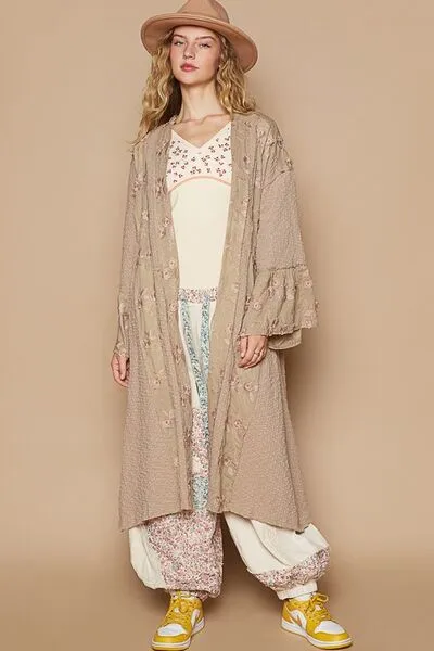 Lace Chic Flower khaki Lace Trim Open Front Longline Cardigan