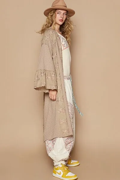 Lace Chic Flower khaki Lace Trim Open Front Longline Cardigan