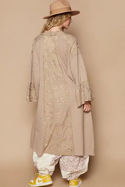 Lace Chic Flower khaki Lace Trim Open Front Longline Cardigan