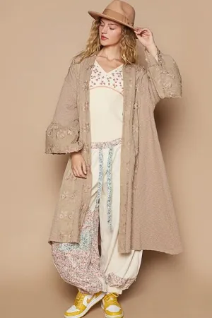 Lace Chic Flower khaki Lace Trim Open Front Longline Cardigan