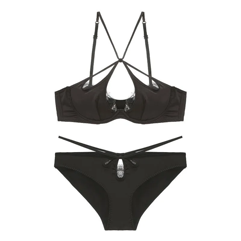 Lace Trim Cut Out Halter Bra and Panty Set