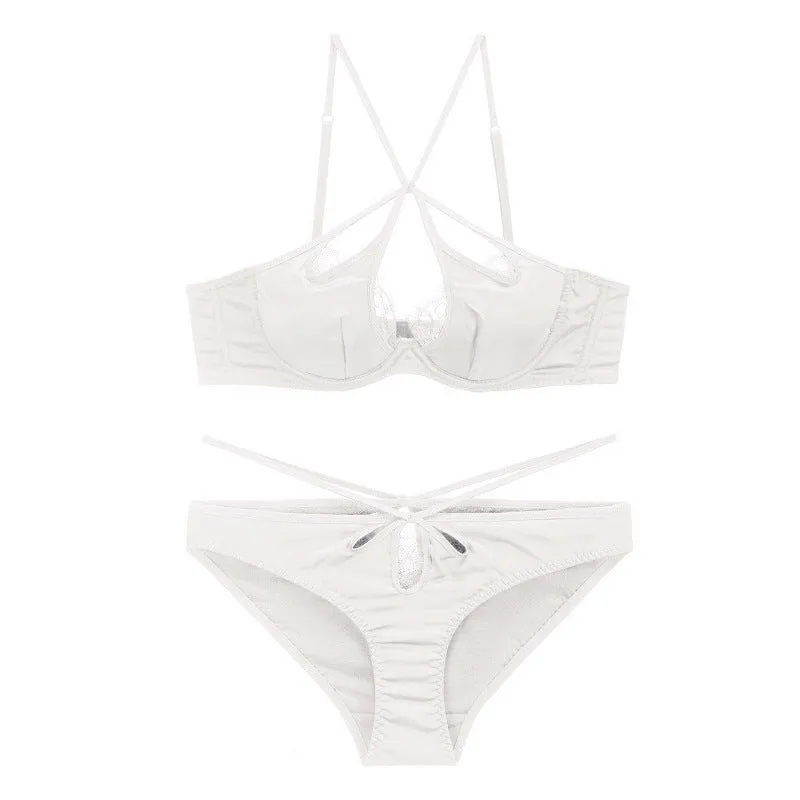 Lace Trim Cut Out Halter Bra and Panty Set