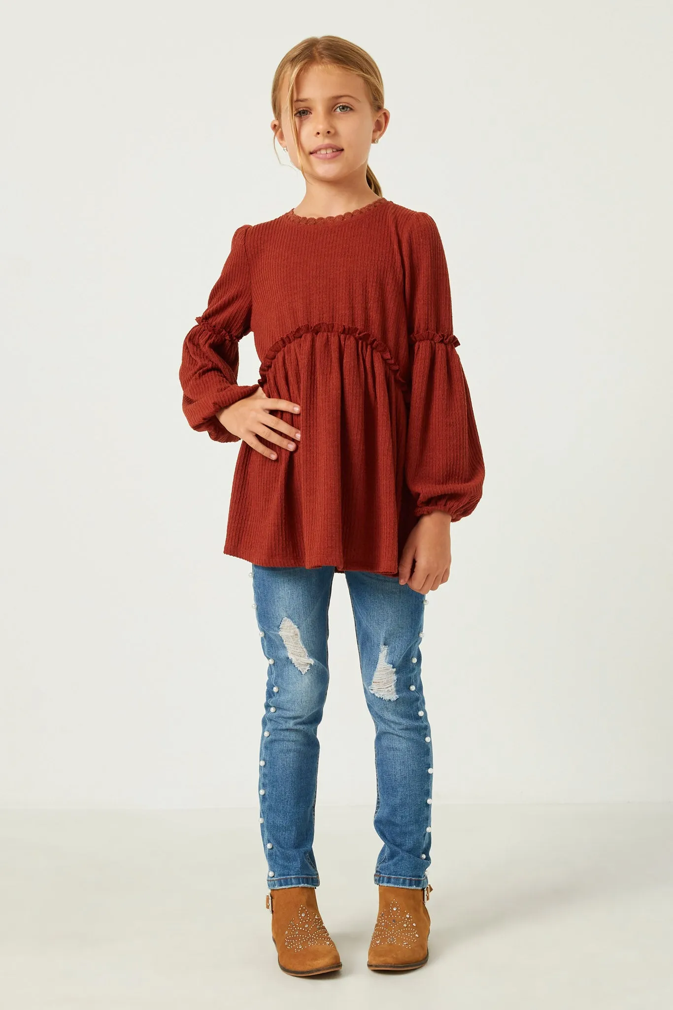 Lace Trimmed Ruffle Long Sleeve Knit Top