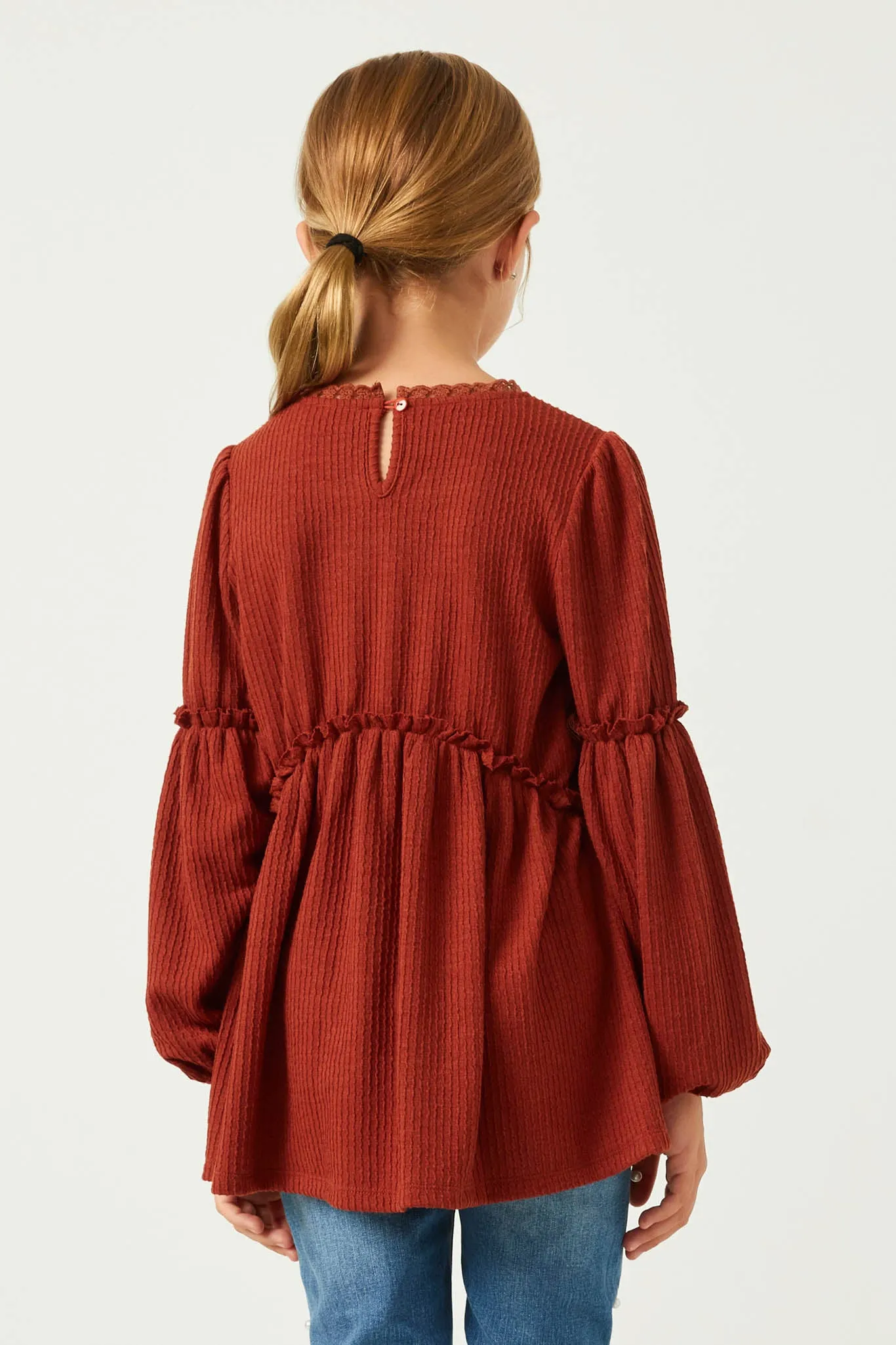 Lace Trimmed Ruffle Long Sleeve Knit Top