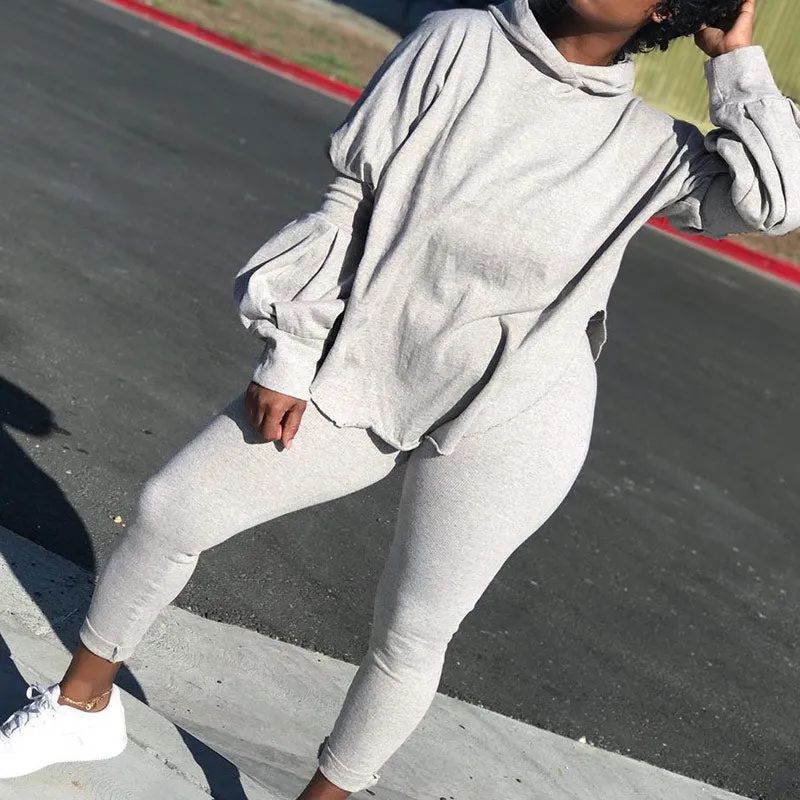 Lantern Sleeve Hooded Top & Pants Set