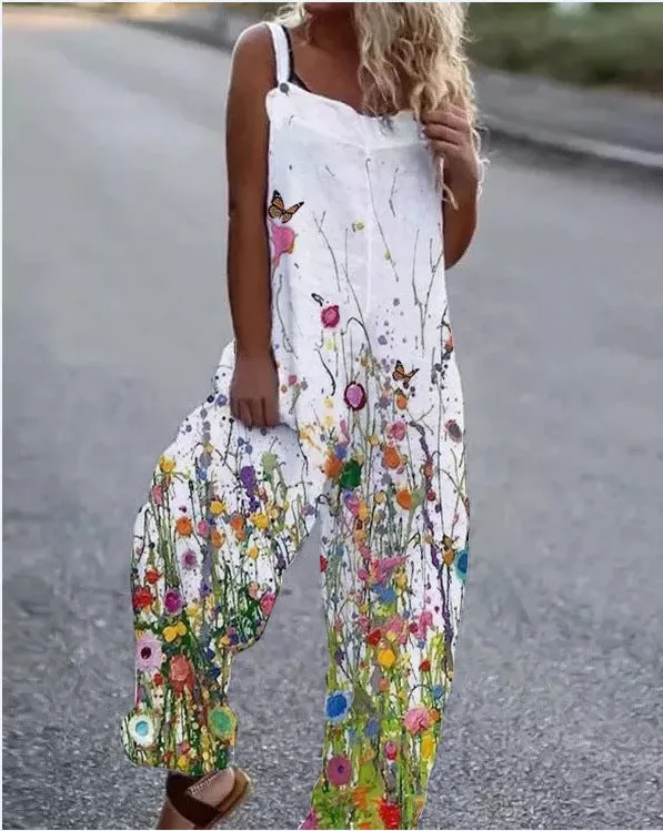 Large Floral Print Lightweight Fabric Overalls