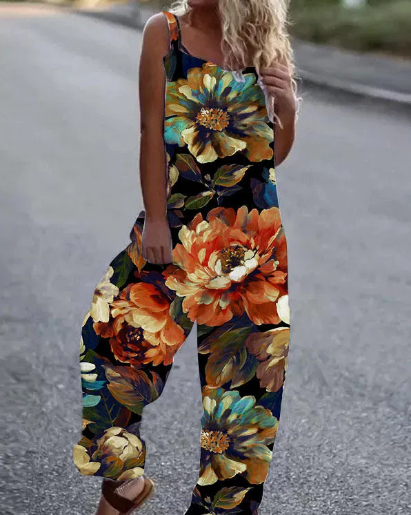 Large Floral Print Lightweight Fabric Overalls