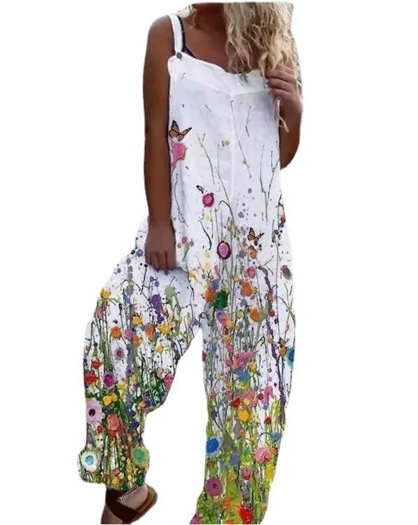 Large Floral Print Lightweight Fabric Overalls