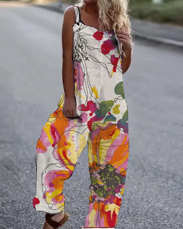 Large Floral Print Lightweight Fabric Overalls