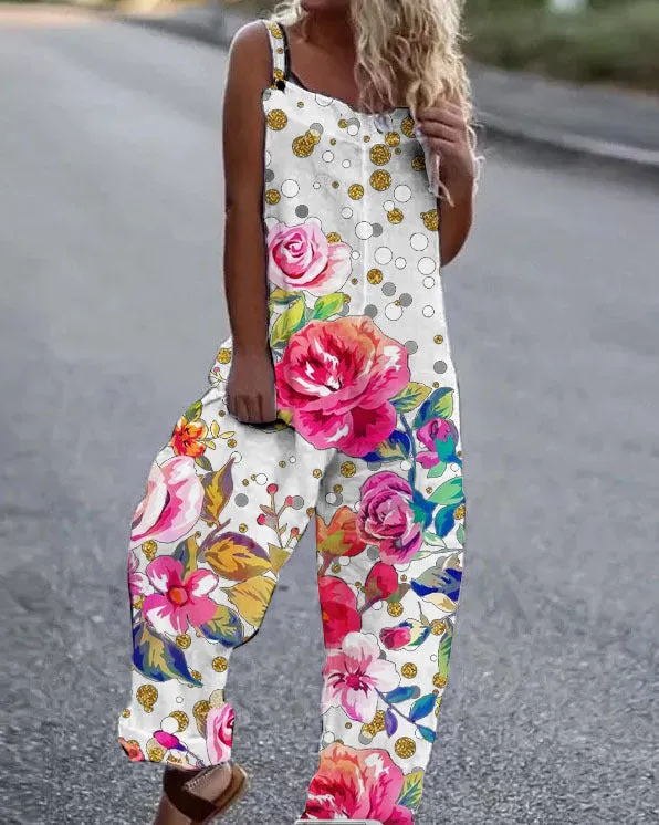 Large Floral Print Lightweight Fabric Overalls