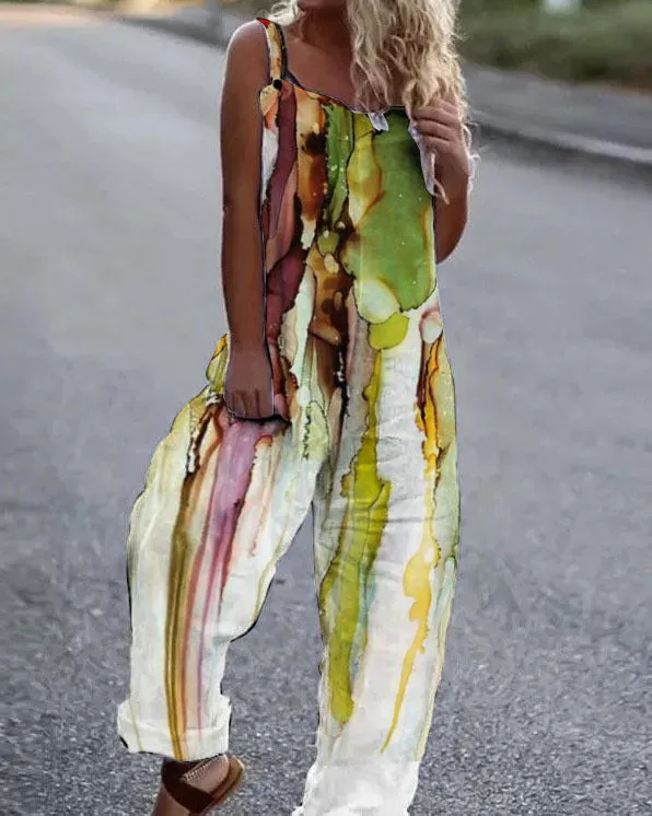 Large Floral Print Lightweight Fabric Overalls