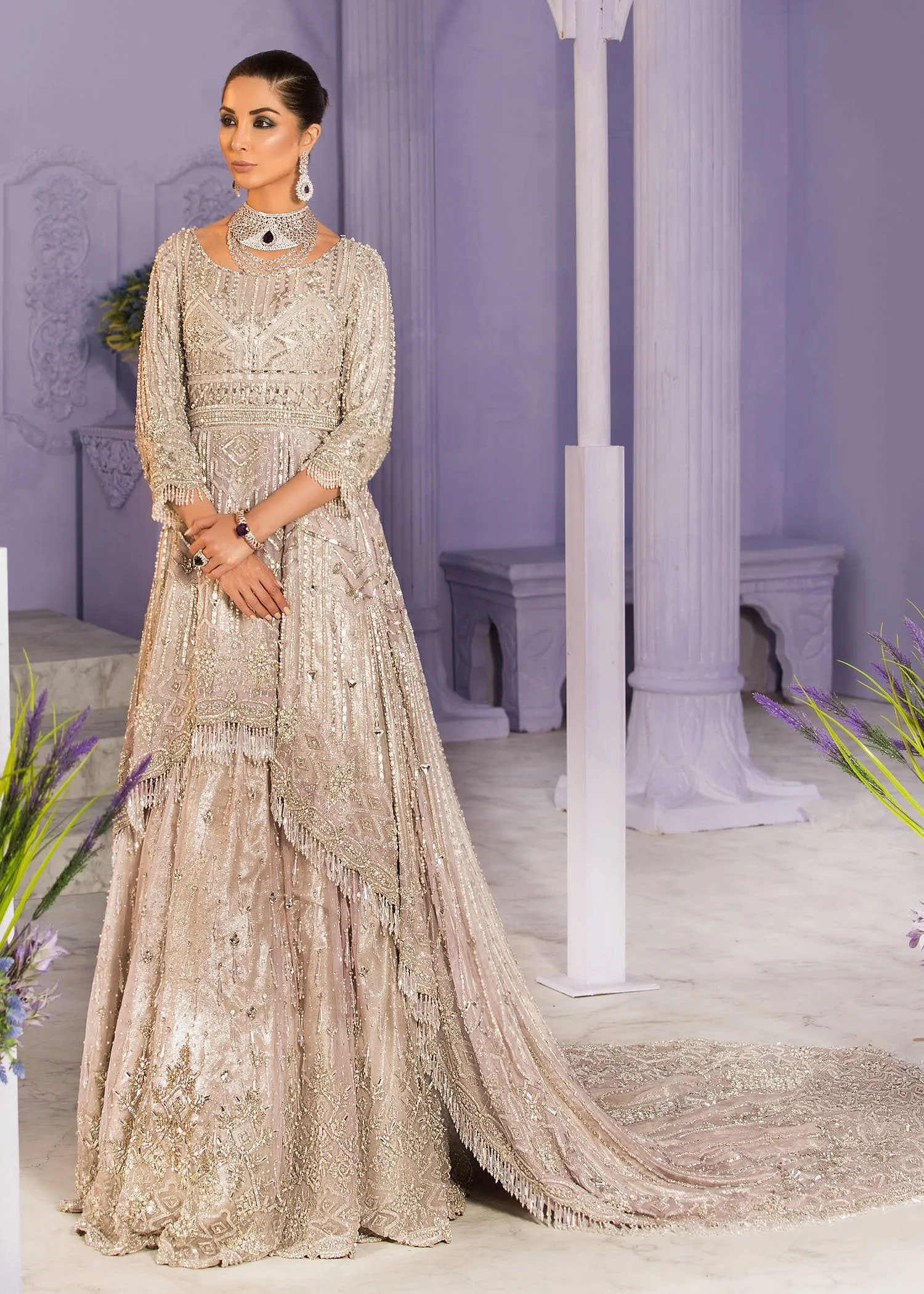 Latest Pakistani Embroidered bridal dress online in pink color # B3470