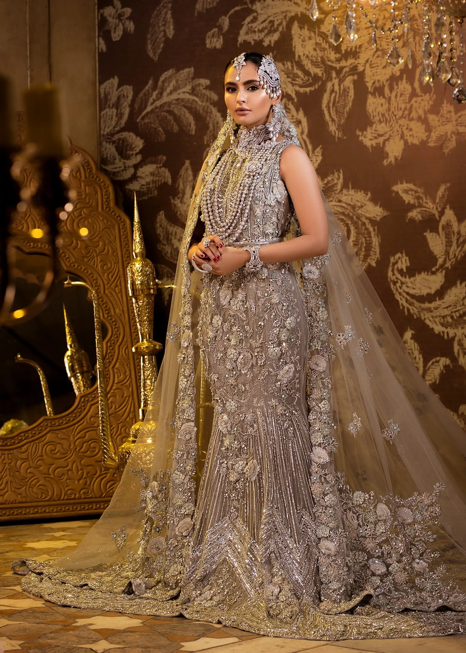 Latest Pakistani Embroidered online bridal Dress in beige grey color # B3471