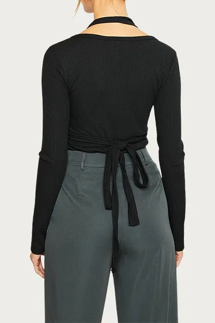 LAYERED HALTERNECK RIBBED-KNIT TOP