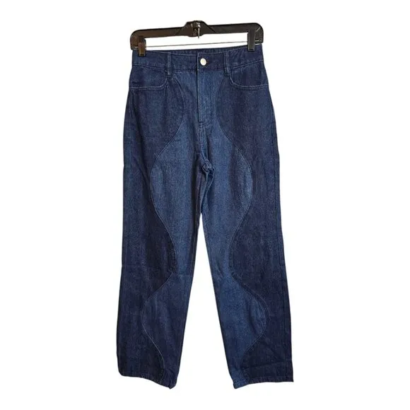 Le Lis Womens Two Tone Jeans High Rise Wavy Reto Straight Leg Blue Small New