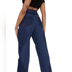 Le Lis Womens Two Tone Jeans High Rise Wavy Reto Straight Leg Blue Small New