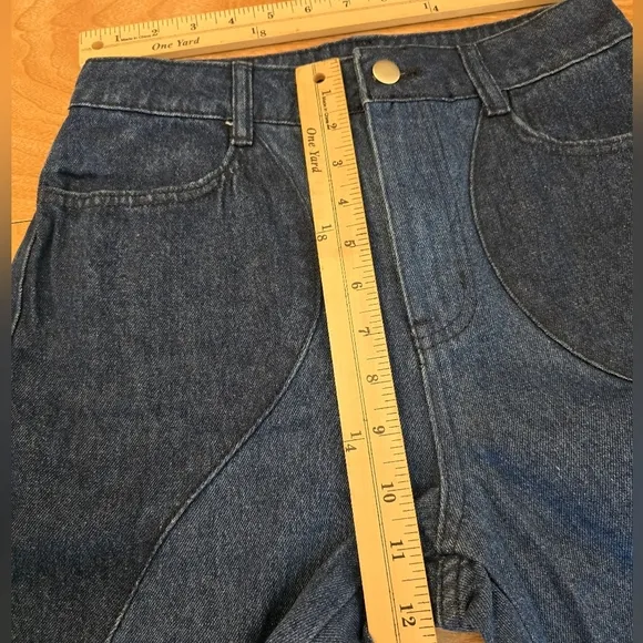 Le Lis Womens Two Tone Jeans High Rise Wavy Reto Straight Leg Blue Small New