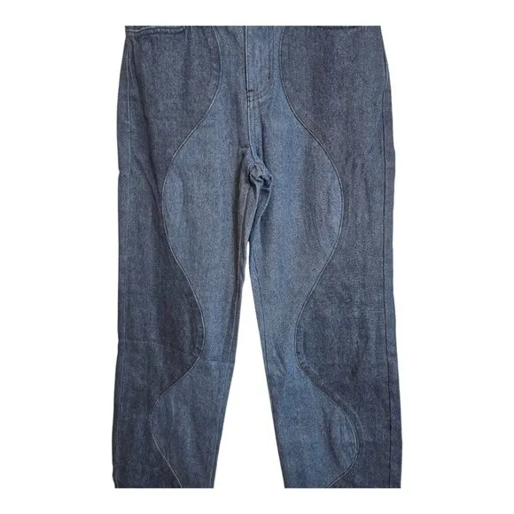 Le Lis Womens Two Tone Jeans High Rise Wavy Reto Straight Leg Blue Small New