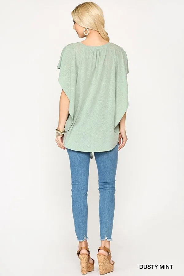 Leopard Jacquard Knit Jersey Top With Front Tie, Ruffled Sleeve