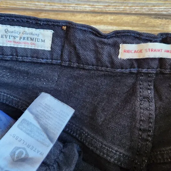 Levi's Premium Big E Ribcage Straight Ankle Jeans Button-Fly Black Stretch