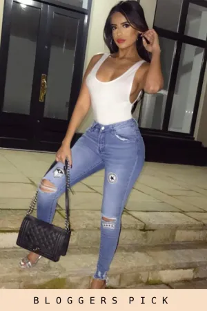 Light Blue Badge Distressed High Waisted Jeans - Leora