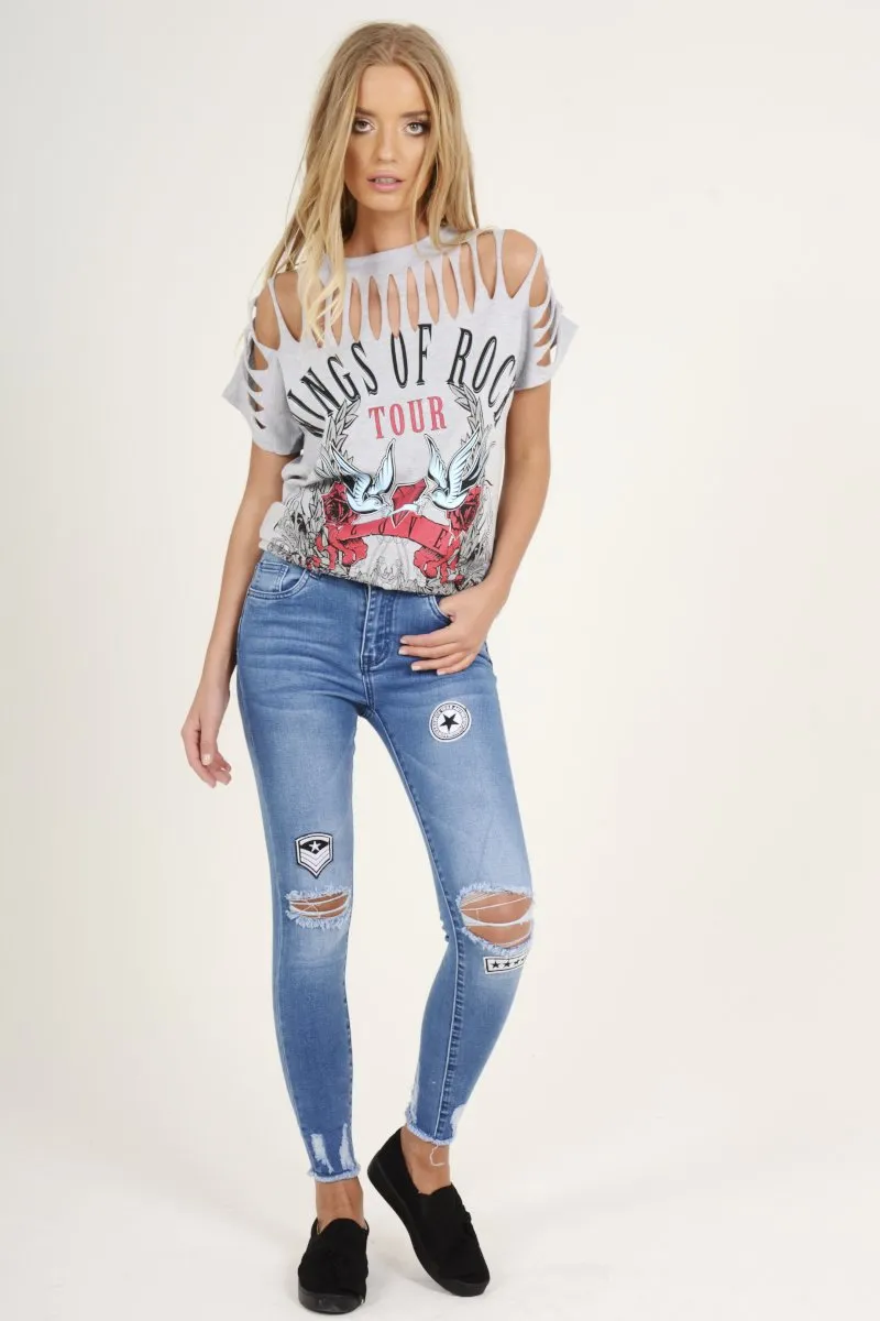 Light Blue Badge Distressed High Waisted Jeans - Leora