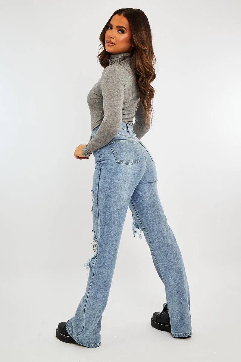 Light Blue Extreme Rip Inside Leg Split Straight Jeans - Rosina