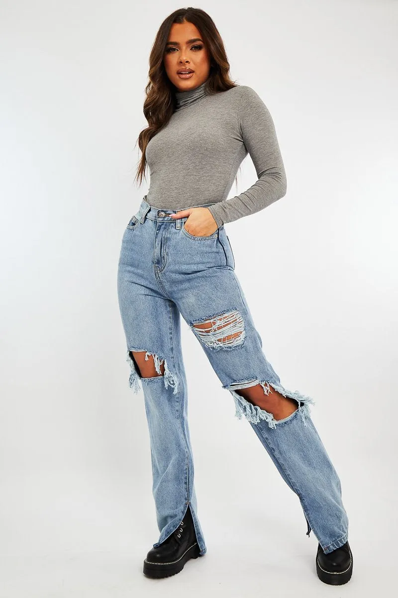 Light Blue Extreme Rip Inside Leg Split Straight Jeans - Rosina