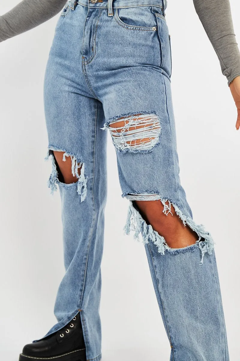 Light Blue Extreme Rip Inside Leg Split Straight Jeans - Rosina