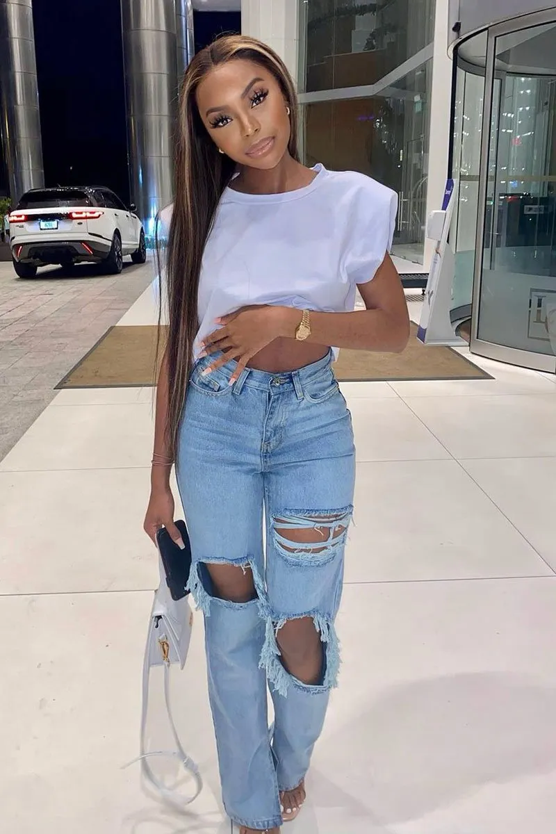 Light Blue Extreme Rip Inside Leg Split Straight Jeans - Rosina